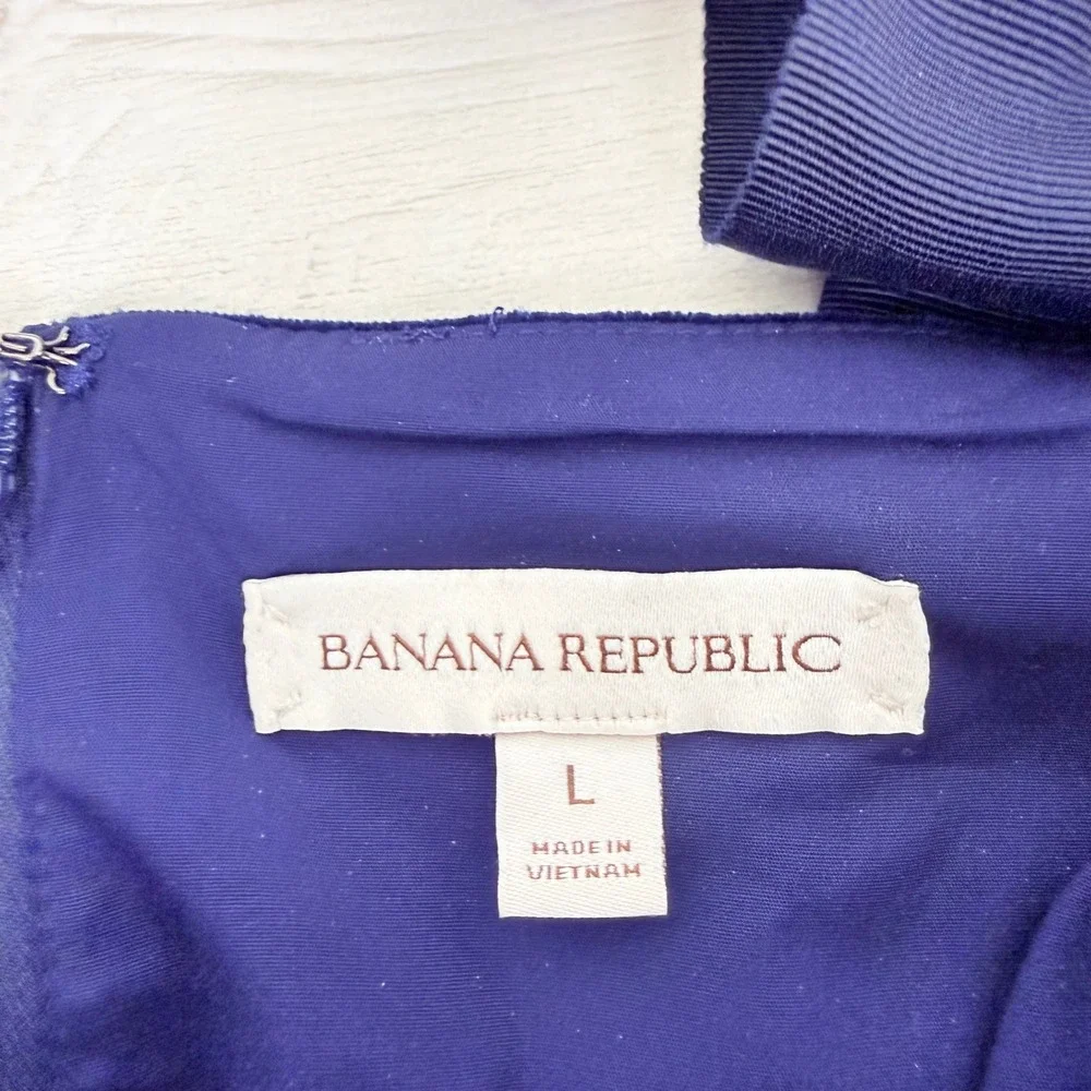 Banana Republic Velvet Top Womens L Navy Blue Puff Sleeve Bow Back Square Neck